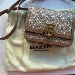 TB Monogram Mini Leather Shoulder Bag Beige